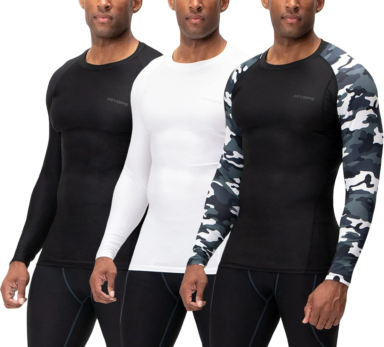 DEVOPS 3 Pack Men's UPF 50  Long Sleeve Compression Shirts Quick Dry, Cool Gear for Garage Garden Gym Yard and Workouts
