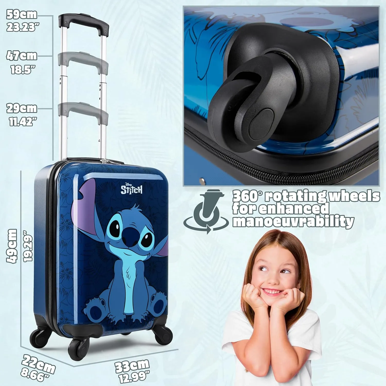Disney Stitch Suitcase Set or Individual, Hard Shell Suitcase with Wheels 28L, 50L or 91L, 4 Wheels (Navy Stitch Small)