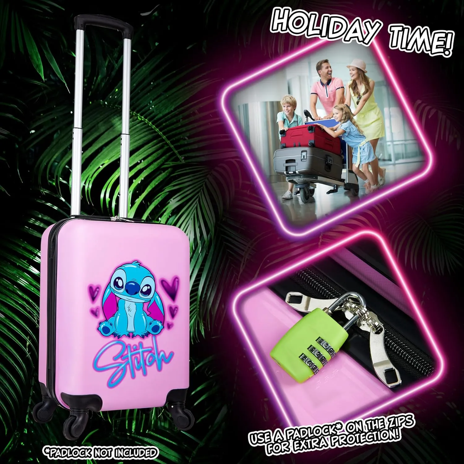 Disney Stitch Suitcase Set or Individual, Hard Shell Suitcase with Wheels 28L, 50L or 91L, 4 Wheels (Pink Stitch Small)