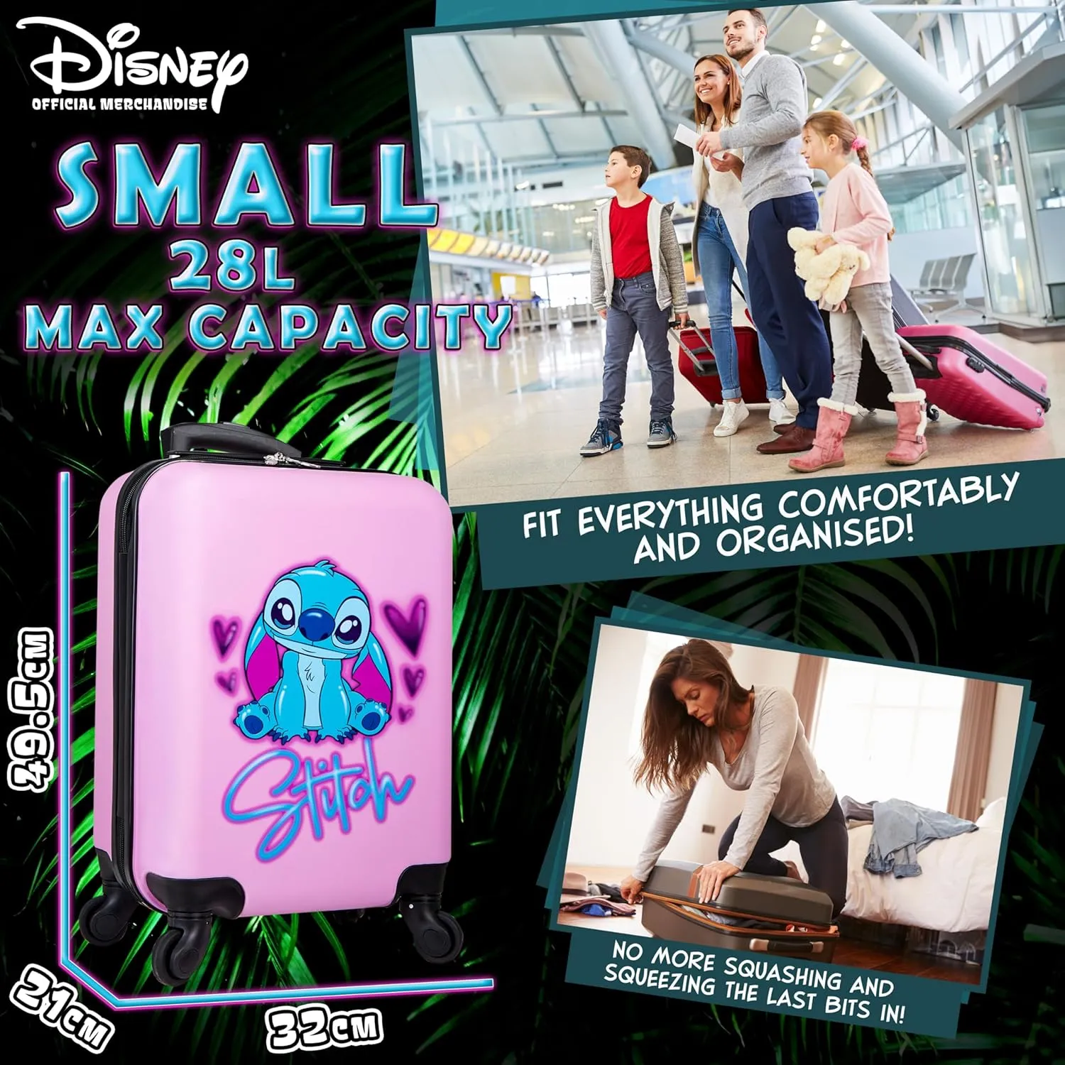 Disney Stitch Suitcase Set or Individual, Hard Shell Suitcase with Wheels 28L, 50L or 91L, 4 Wheels (Pink Stitch Small)