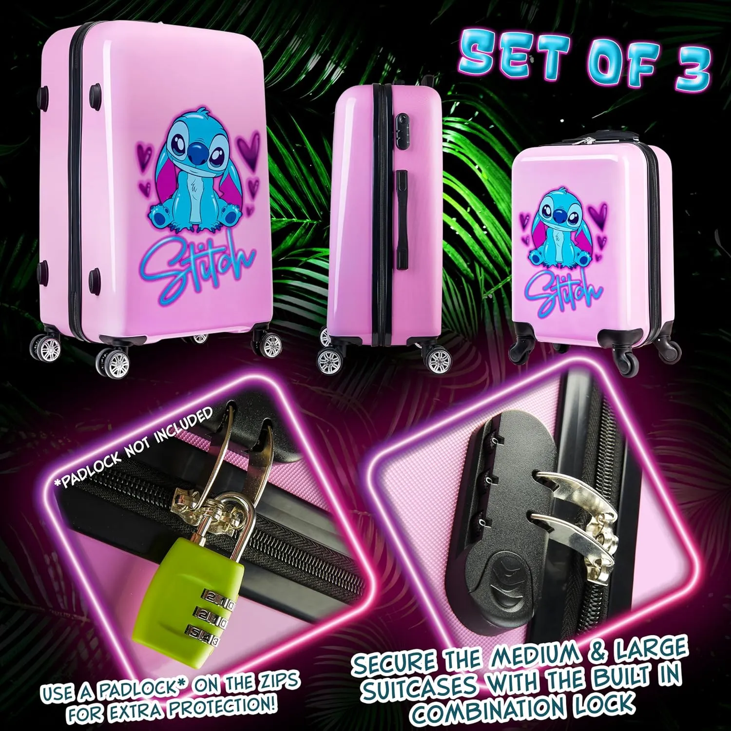 Disney Suitcase 3 Pc Set Hard Shell 28L, 50L and 91L, 4 Wheels, Pink, Combi Lock
