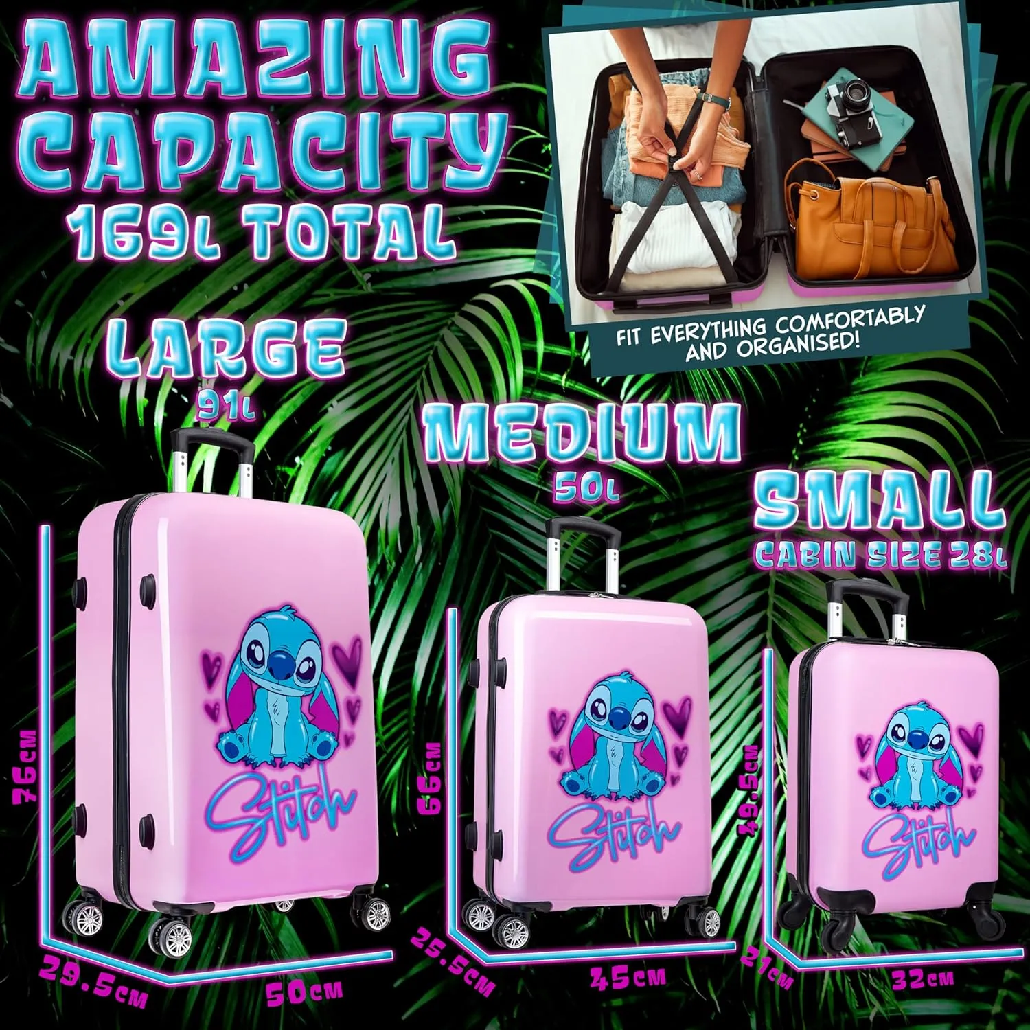 Disney Suitcase 3 Pc Set Hard Shell 28L, 50L and 91L, 4 Wheels, Pink, Combi Lock