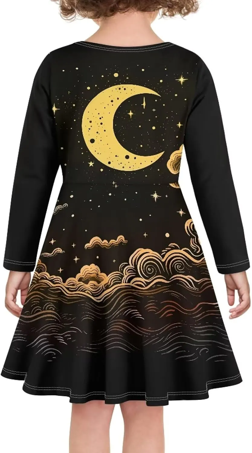 Dresses for Toddler Girls Fashion Kids Dress with Long Sleeves Trendy Skater Twirly Casual A-Line Dress Gifts