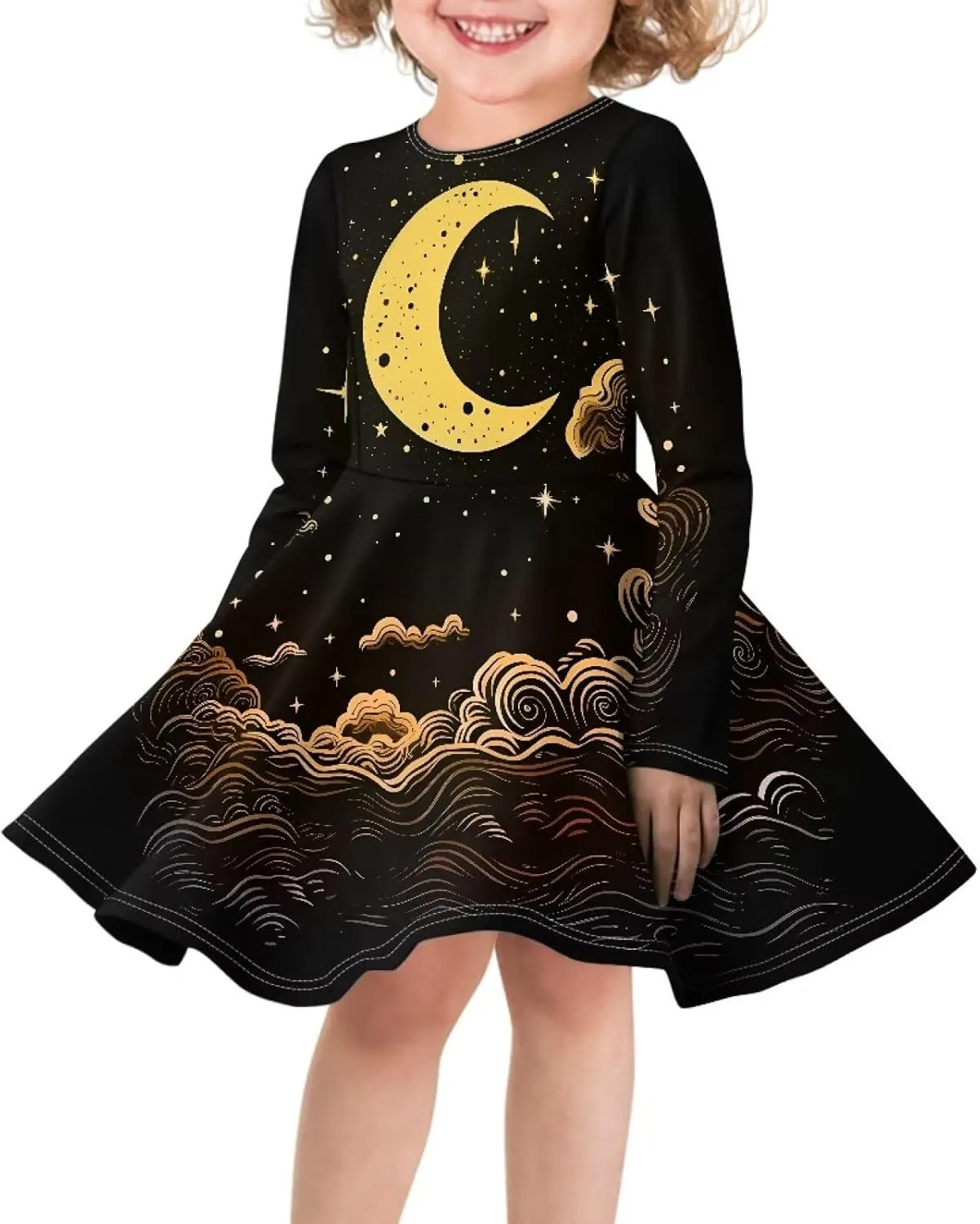 Dresses for Toddler Girls Fashion Kids Dress with Long Sleeves Trendy Skater Twirly Casual A-Line Dress Gifts