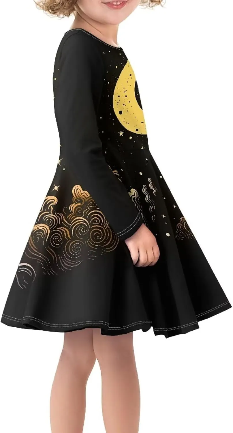 Dresses for Toddler Girls Fashion Kids Dress with Long Sleeves Trendy Skater Twirly Casual A-Line Dress Gifts