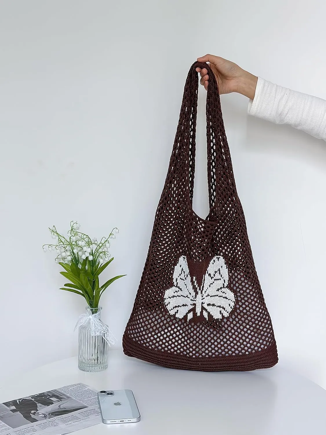 ENBEI Beach Bag Crochet Tote bag for Women,Aesthetic Boho Large Bag,Foldable&Lightweight,Shopping,Beach,Travel,Daily Use