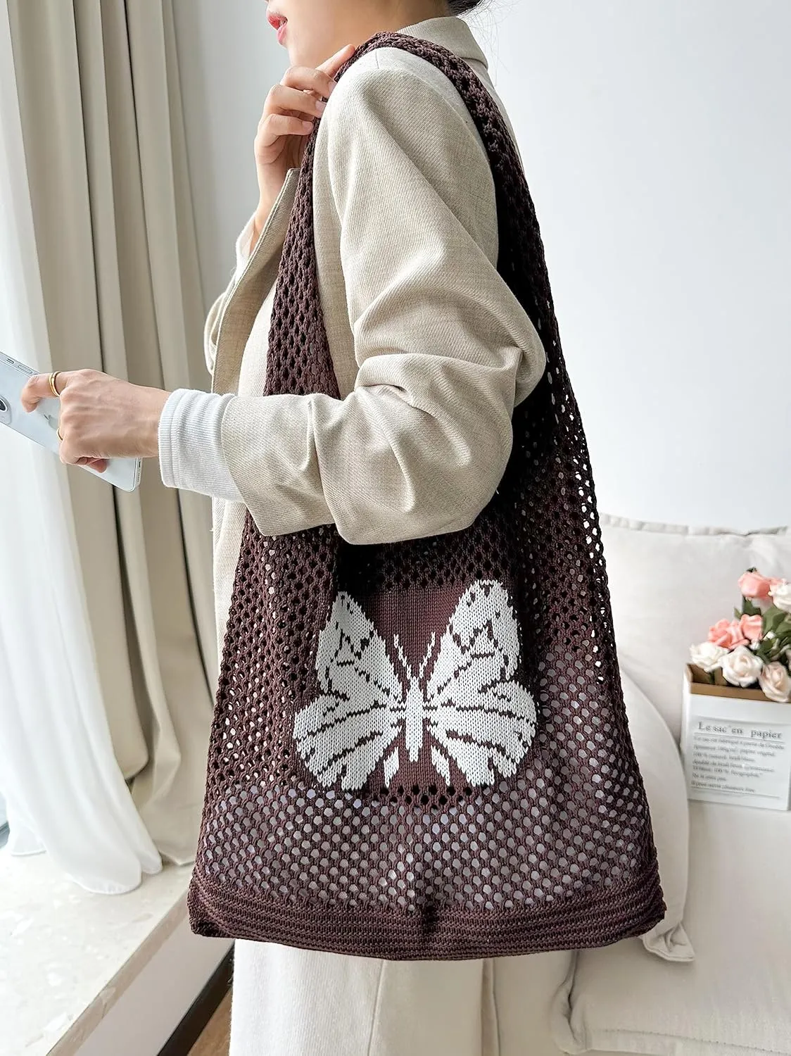 ENBEI Beach Bag Crochet Tote bag for Women,Aesthetic Boho Large Bag,Foldable&Lightweight,Shopping,Beach,Travel,Daily Use