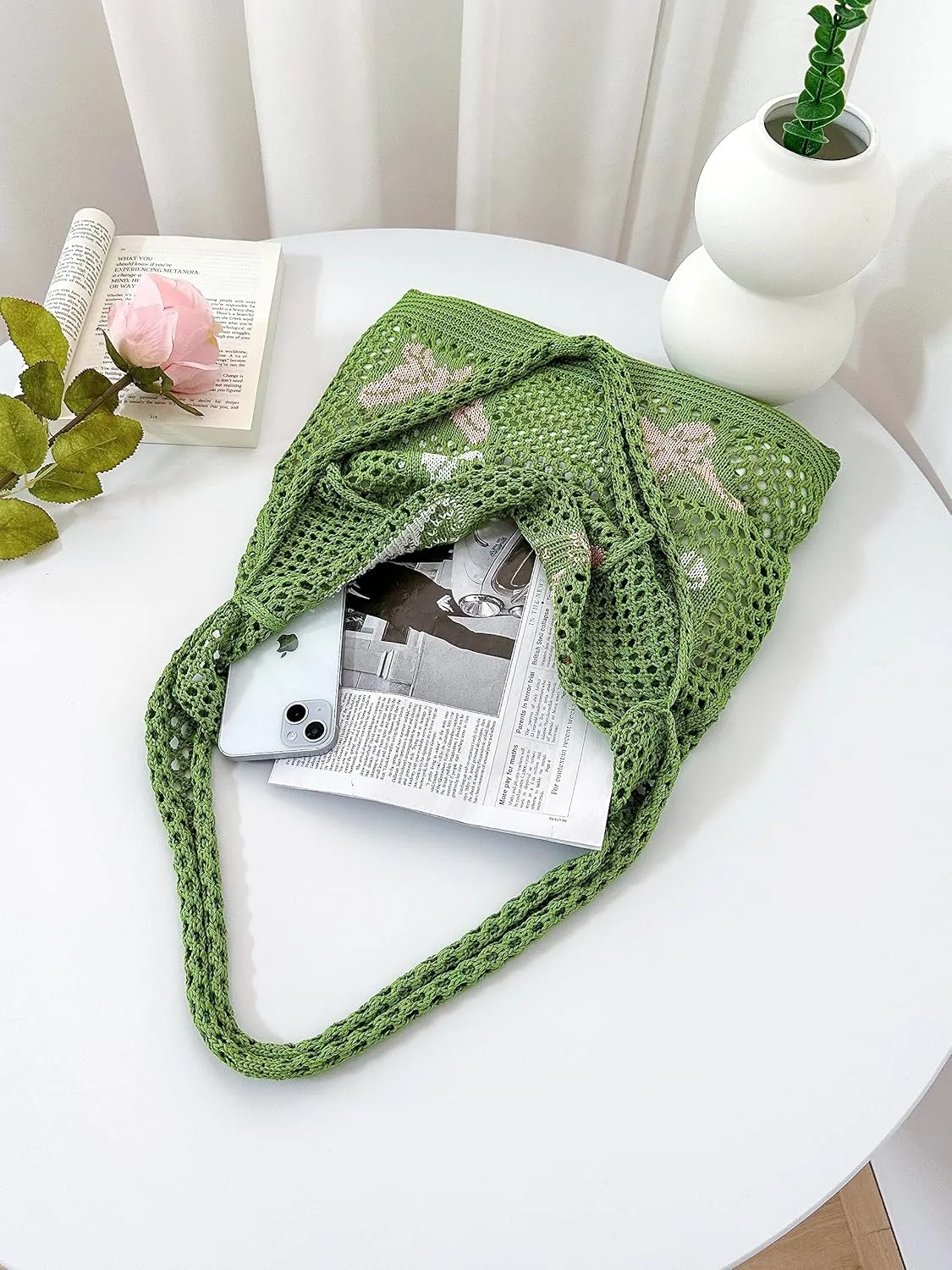 ENBEI Beach Bag Crochet Tote bag for Women,Aesthetic Boho Large Bag,Foldable&Lightweight,Shopping,Beach,Travel,Daily Use