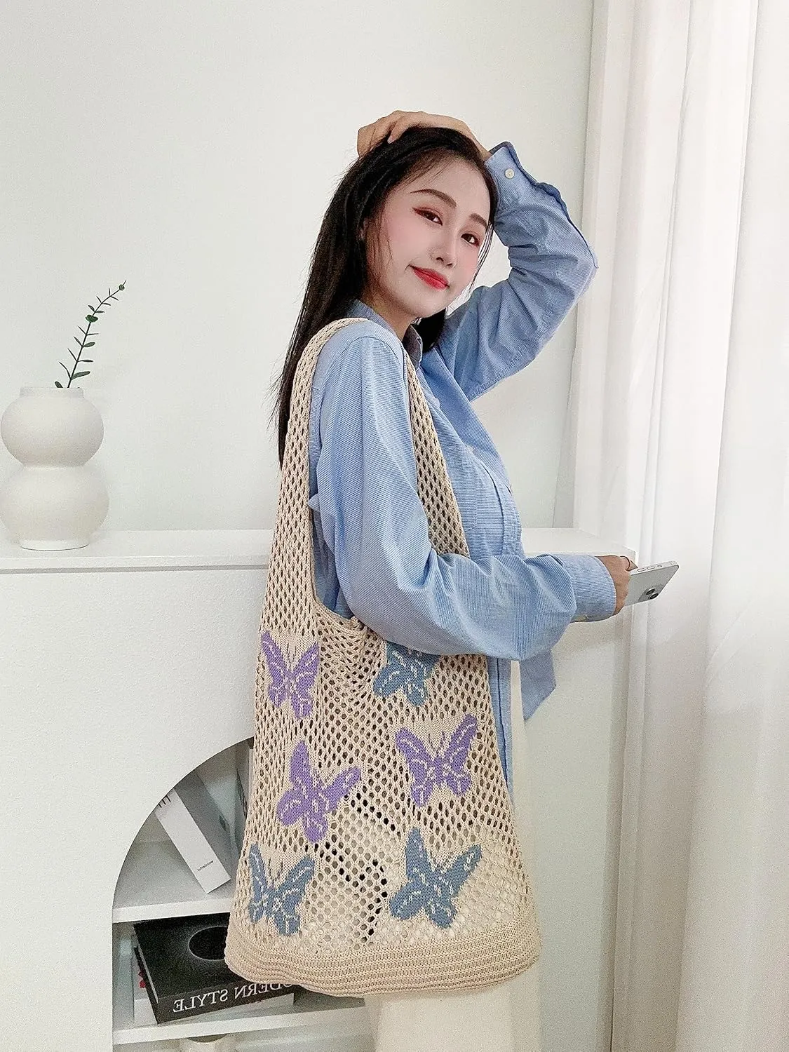 ENBEI Beach Bag Crochet Tote bag for Women,Aesthetic Boho Large Bag,Foldable&Lightweight,Shopping,Beach,Travel,Daily Use