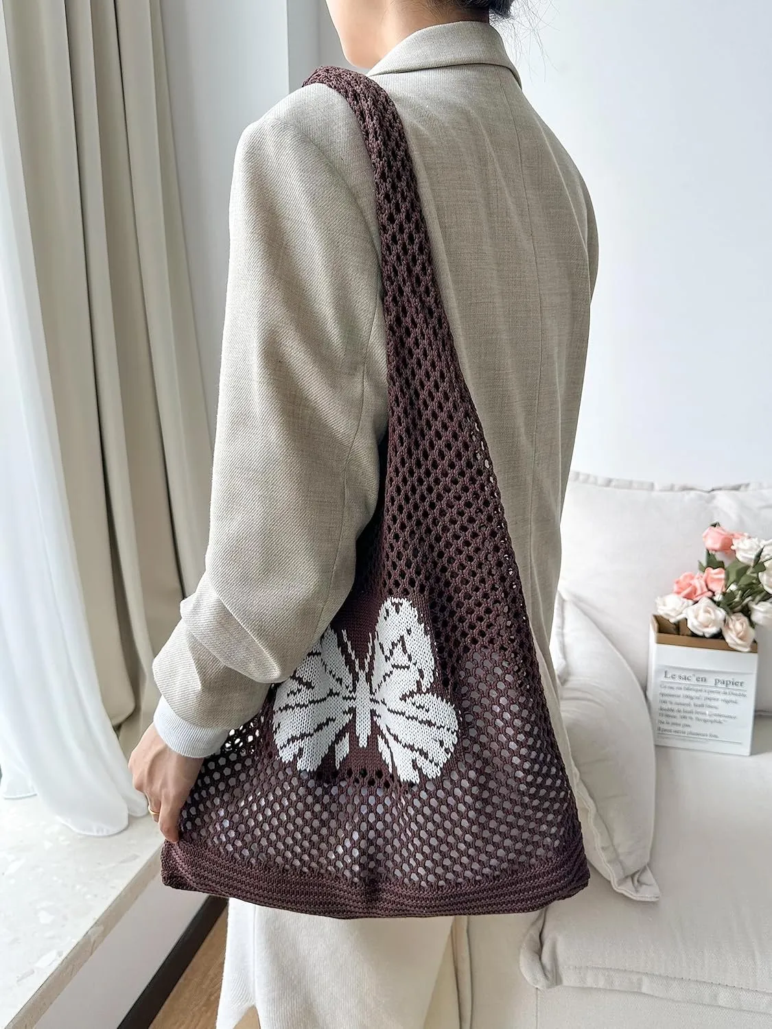 ENBEI Beach Bag Crochet Tote bag for Women,Aesthetic Boho Large Bag,Foldable&Lightweight,Shopping,Beach,Travel,Daily Use