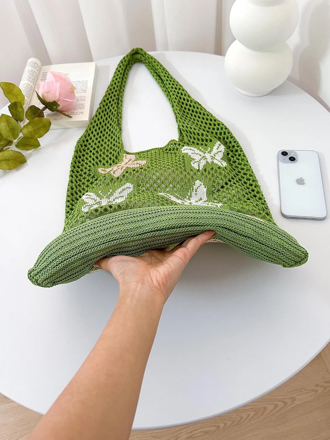 ENBEI Beach Bag Crochet Tote bag for Women,Aesthetic Boho Large Bag,Foldable&Lightweight,Shopping,Beach,Travel,Daily Use