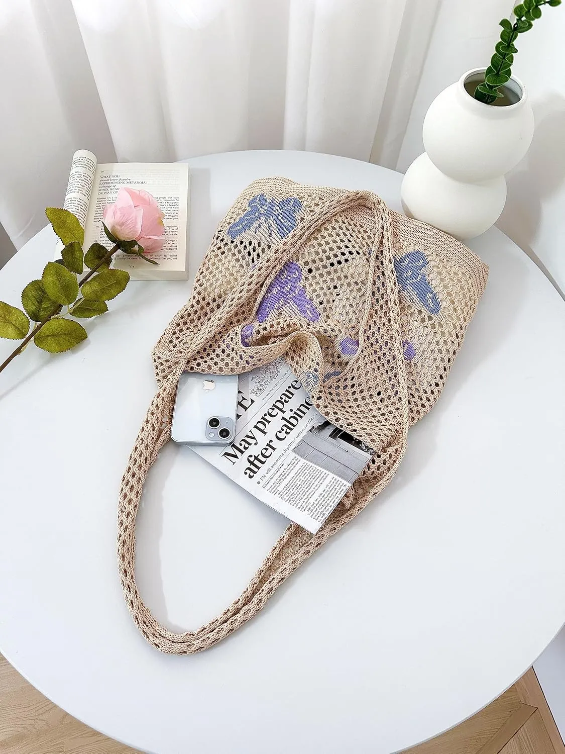 ENBEI Beach Bag Crochet Tote bag for Women,Aesthetic Boho Large Bag,Foldable&Lightweight,Shopping,Beach,Travel,Daily Use