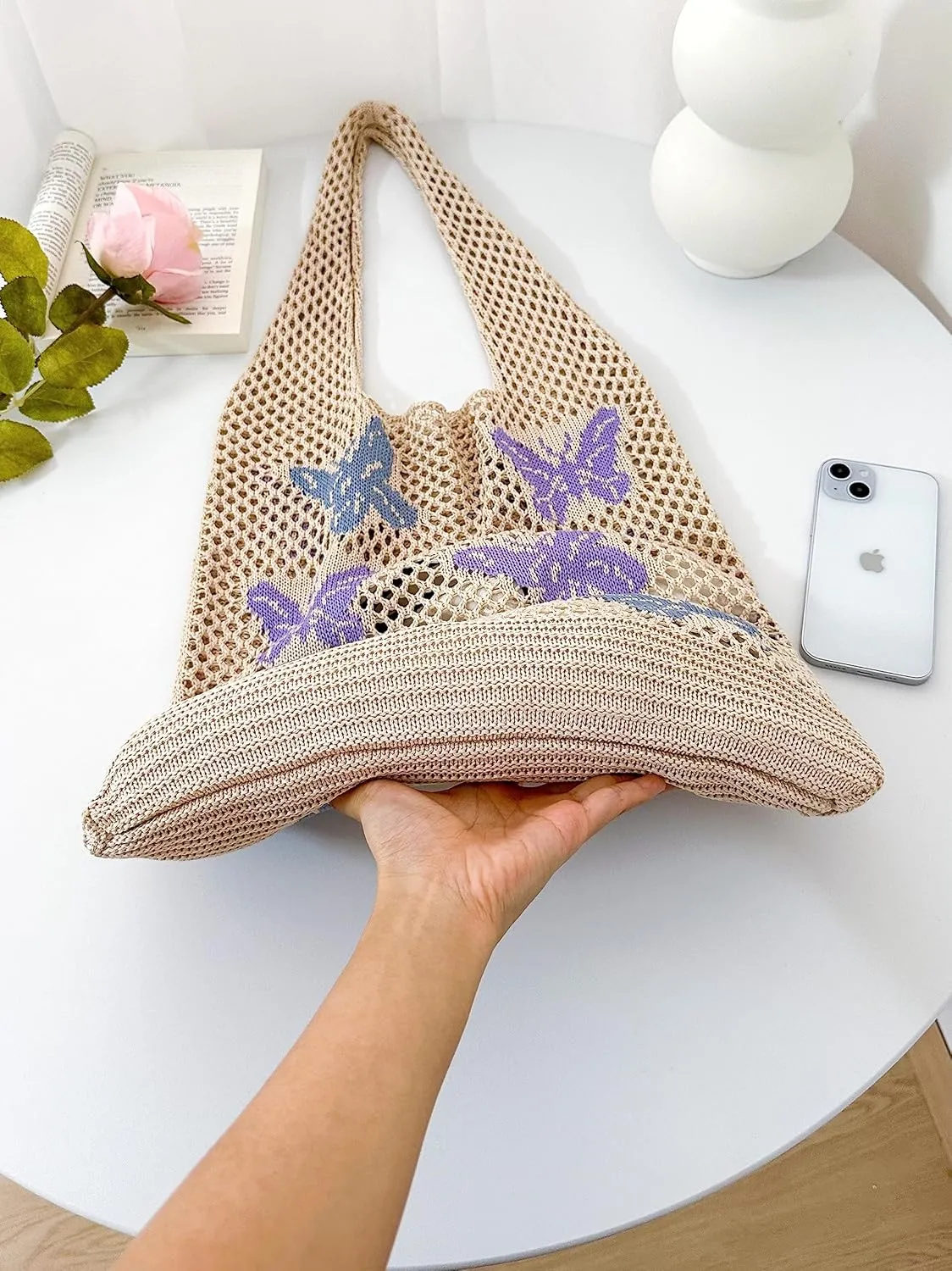 ENBEI Beach Bag Crochet Tote bag for Women,Aesthetic Boho Large Bag,Foldable&Lightweight,Shopping,Beach,Travel,Daily Use