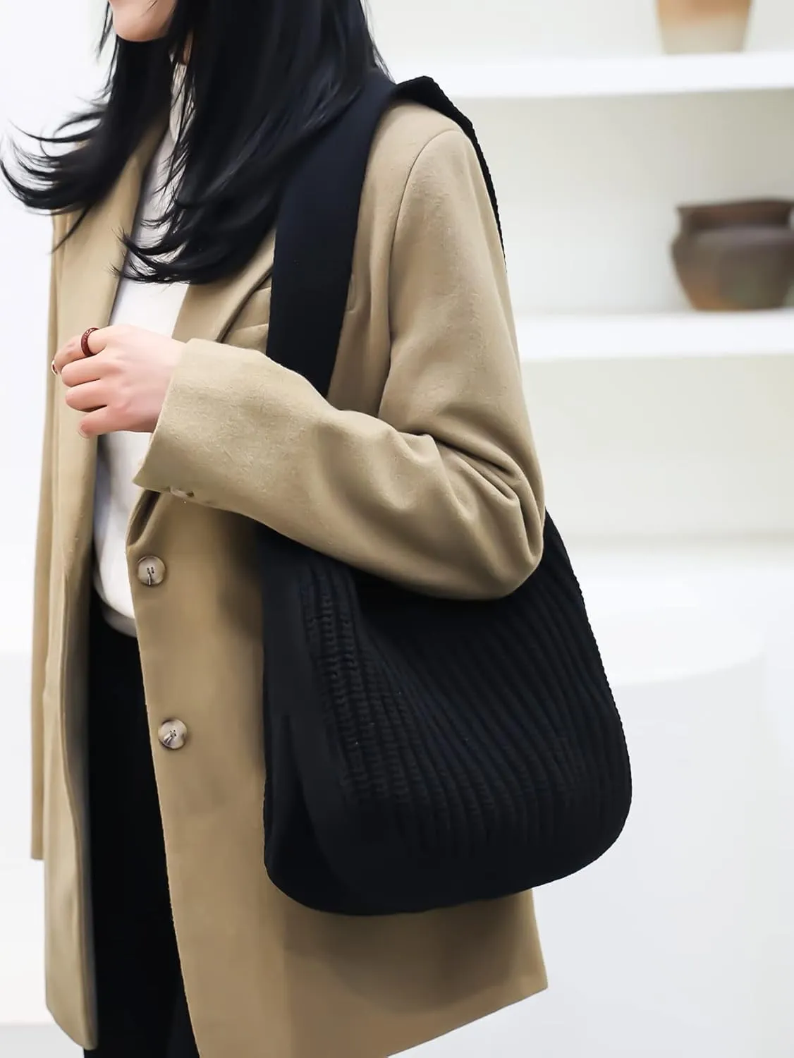 ENBEI Women's Crochet Tote Bag Knit Shoulder bag,Aesthetic Bag,Cute Eco-Friendly Tote for Travel,Daily Use,Gift Box Packaging