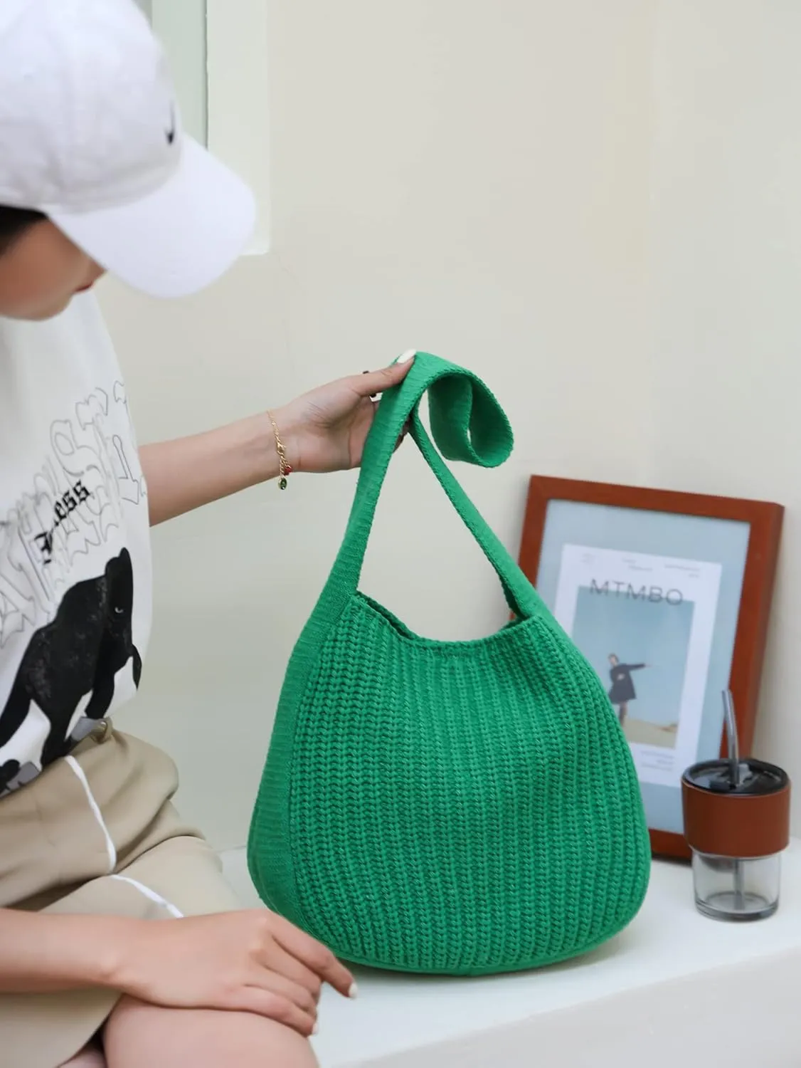 ENBEI Women's Crochet Tote Bag Knit Shoulder bag,Aesthetic Bag,Cute Eco-Friendly Tote for Travel,Daily Use,Gift Box Packaging