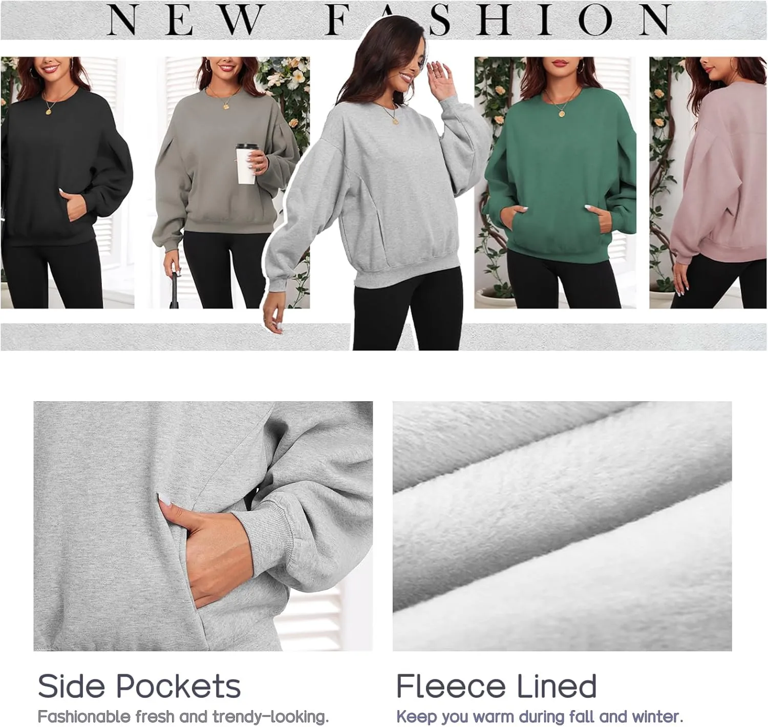 Famulily Womens Long Sleeve Crew Neck Sweatshirts Fleece Lined Pullover Tops with Side Pockets