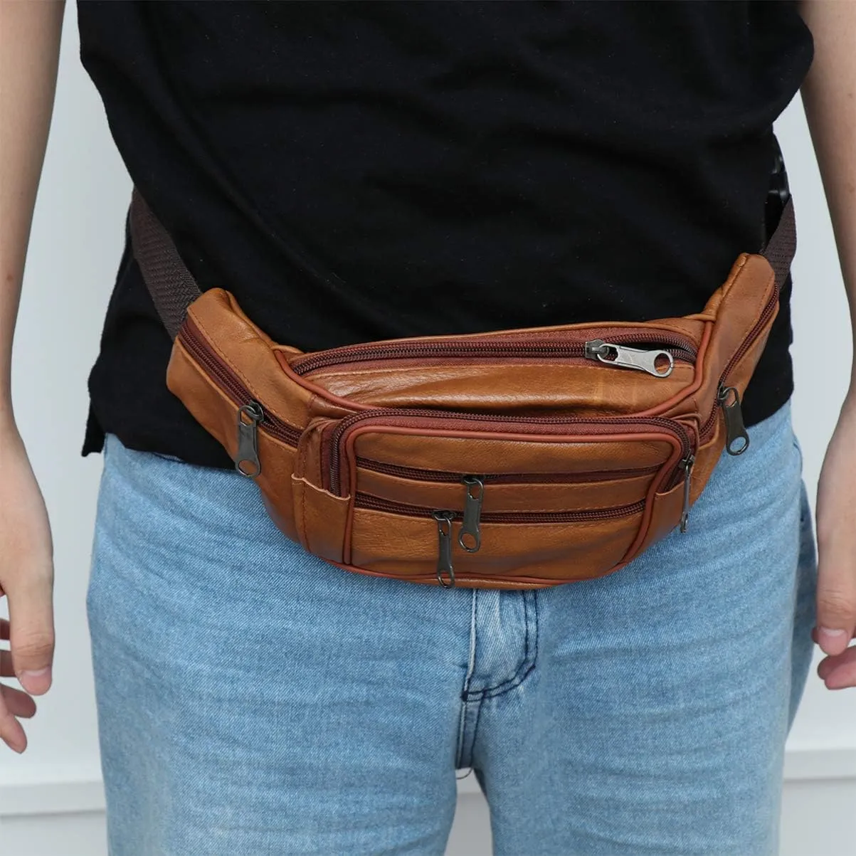 Fanny Pack Leather Waist Bag Fashion Men Waist Pack Wallet for Outdoor Travel Daily Use, Brown