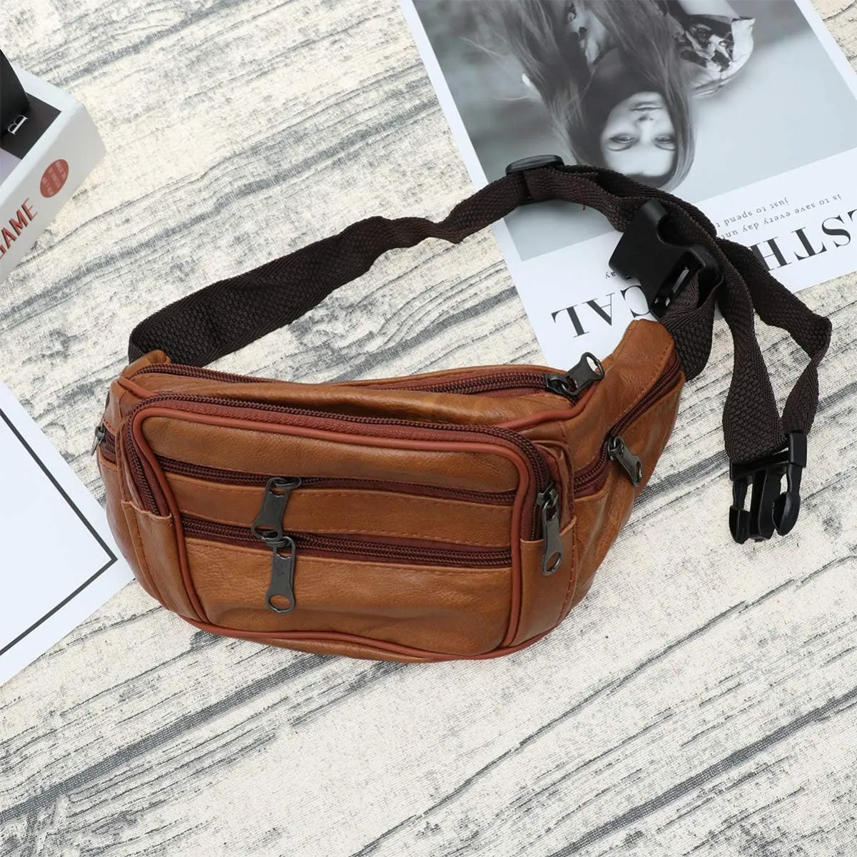 Fanny Pack Leather Waist Bag Fashion Men Waist Pack Wallet for Outdoor Travel Daily Use, Brown