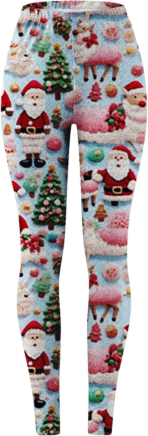 Fashion Xmas Graphic Print Leggings Fleece Lined Leggings for Women Thermal Pants High Waist Stretchy Warm