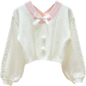 FindThy Women's Y2K Pullover Sweater Sweet Lantern Sleeve Bowtie Knit Crop Jumper Tops