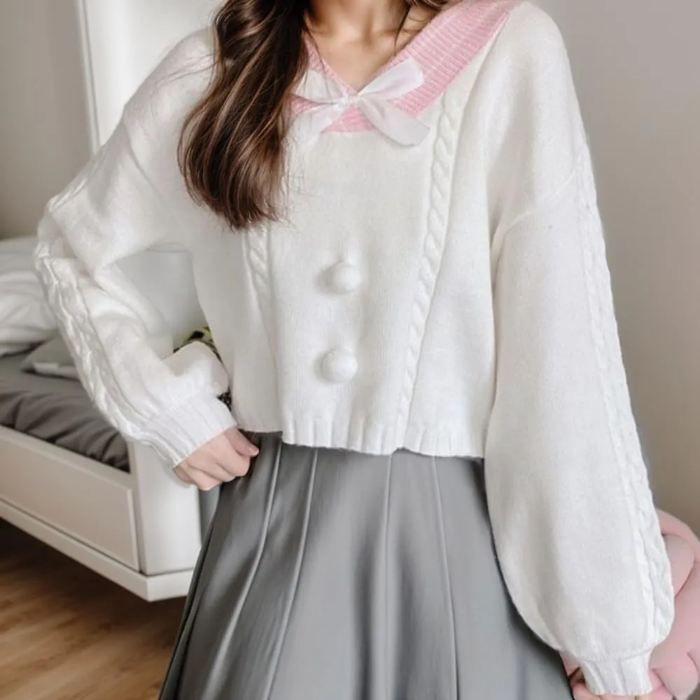 FindThy Women's Y2K Pullover Sweater Sweet Lantern Sleeve Bowtie Knit Crop Jumper Tops