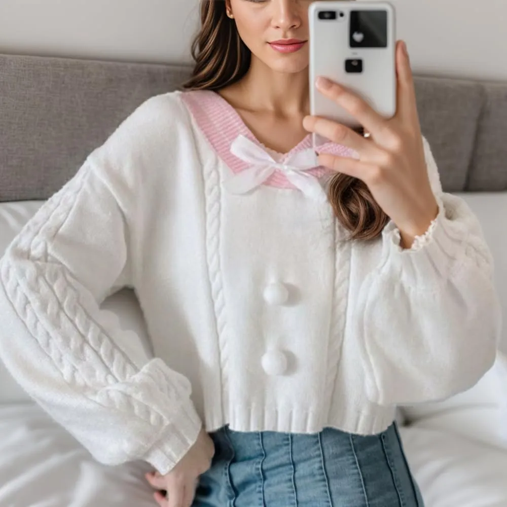 FindThy Women's Y2K Pullover Sweater Sweet Lantern Sleeve Bowtie Knit Crop Jumper Tops