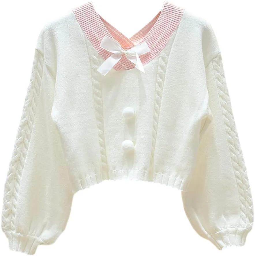 FindThy Women's Y2K Pullover Sweater Sweet Lantern Sleeve Bowtie Knit Crop Jumper Tops