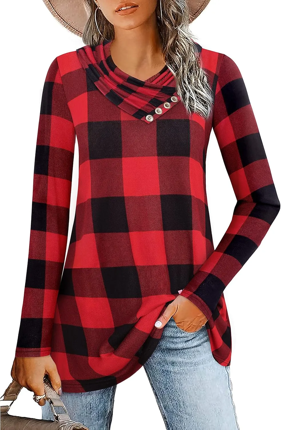 Gaharu Women's Long Sleeve Button Cowl Neck Floral Printed Casual Tunic Tops