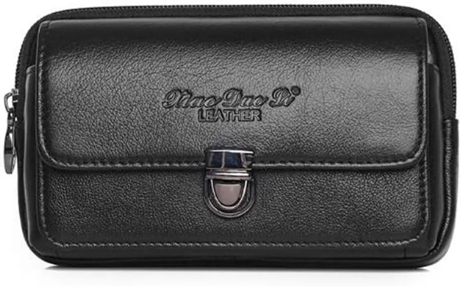 Genuine Leather Waist Belt Pack Side Phone Pouch Bum Hip Bag for Men Bussiness Travel Outdoor Daily Use Horizontal Black