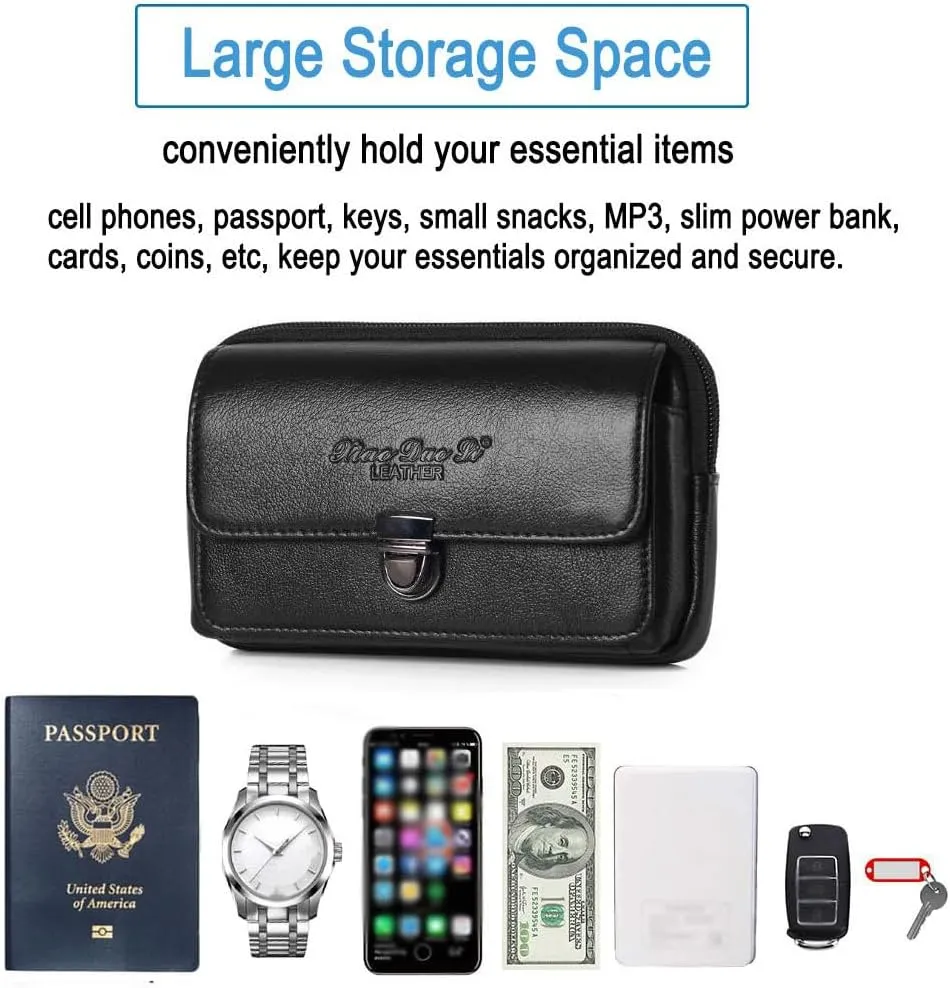 Genuine Leather Waist Belt Pack Side Phone Pouch Bum Hip Bag for Men Bussiness Travel Outdoor Daily Use Horizontal Black