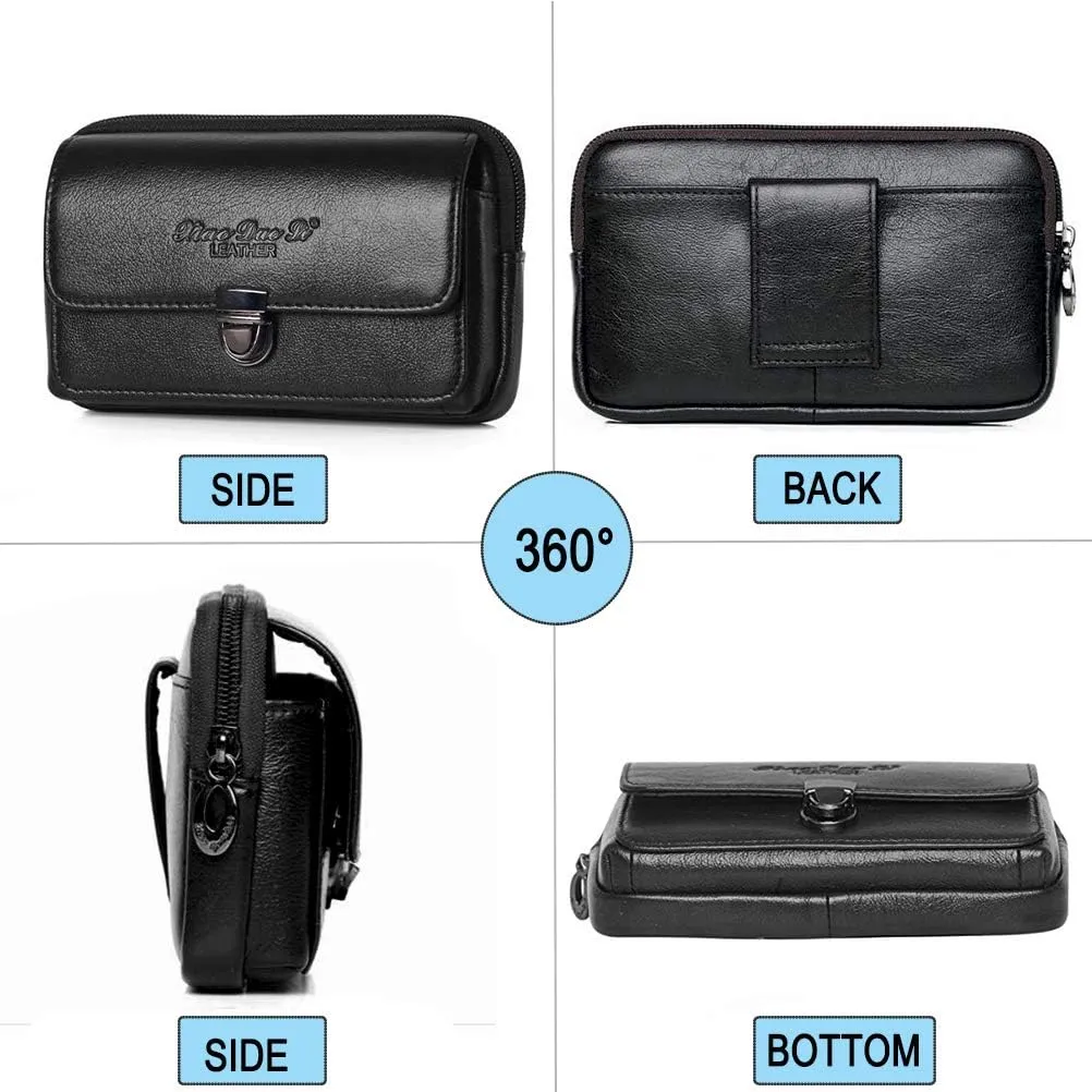 Genuine Leather Waist Belt Pack Side Phone Pouch Bum Hip Bag for Men Bussiness Travel Outdoor Daily Use Horizontal Black