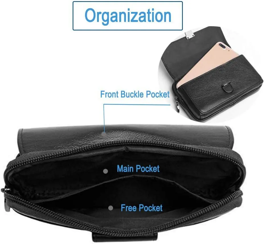 Genuine Leather Waist Belt Pack Side Phone Pouch Bum Hip Bag for Men Bussiness Travel Outdoor Daily Use Horizontal Black