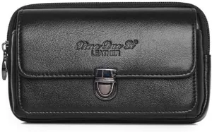 Genuine Leather Waist Belt Pack Side Pouch Bum Hip Bag for Men Bussiness Travel Outdoor Daily Use Horizontal Black