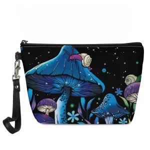 GIFTPUZZ Blue Mushroom Makeup Bag Clutch for Women Wristlet Hand Bag Purse Small Travel Brush Pouch Daily Use Gift for Women