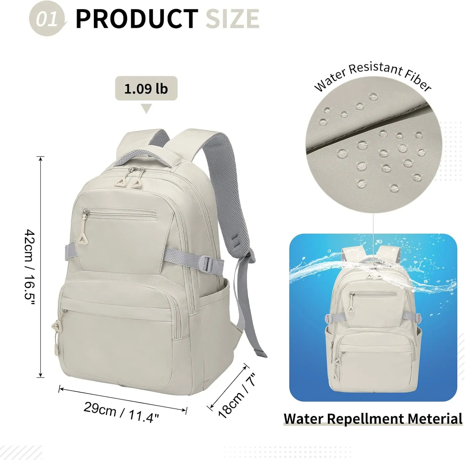 Girls Backpack, Lightweight Aesthetic Bookbag with Anti-Theft Pocket, Fit 15.6 Inch Laptop Backpack for College and Daily Use (Beige)
