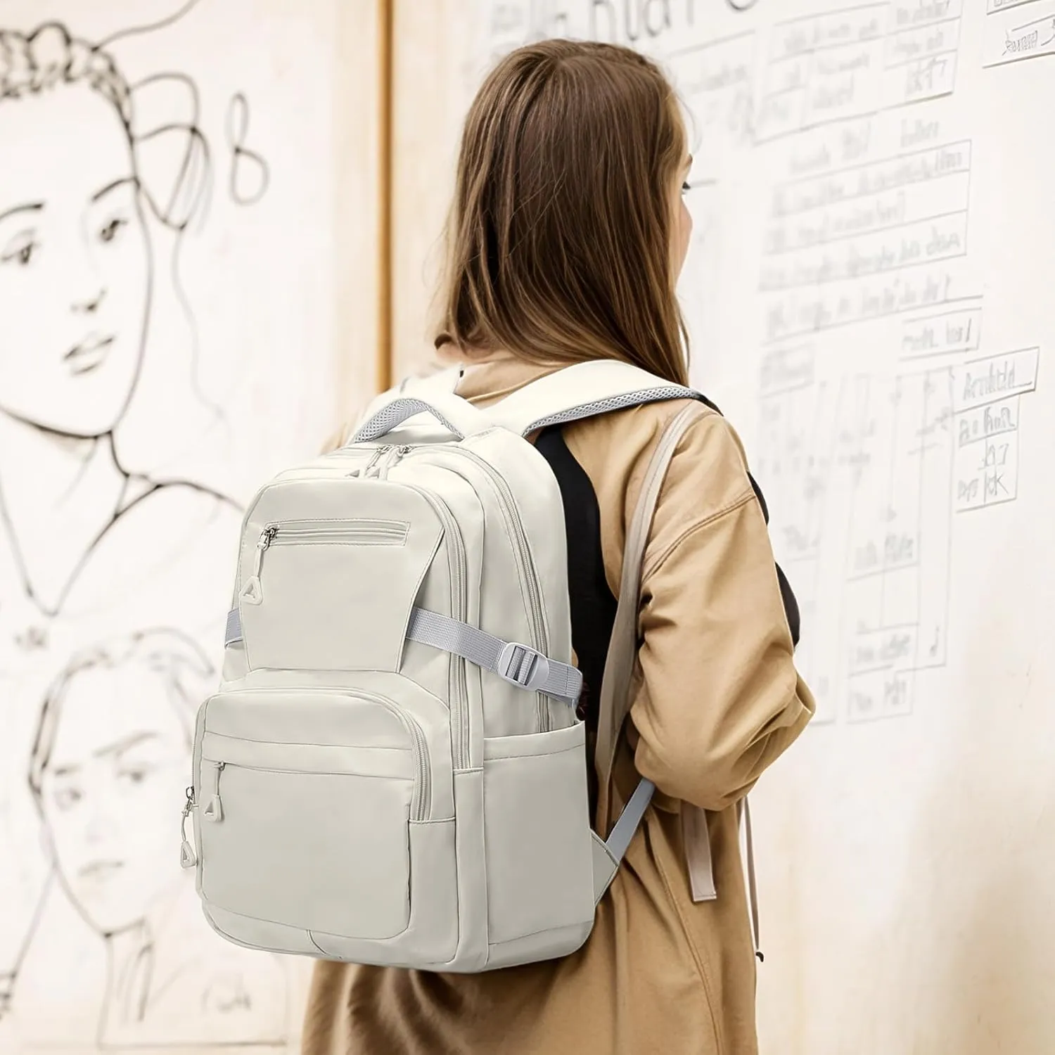 Girls Backpack, Lightweight Aesthetic Bookbag with Anti-Theft Pocket, Fit 15.6 Inch Laptop Backpack for College and Daily Use (Beige)