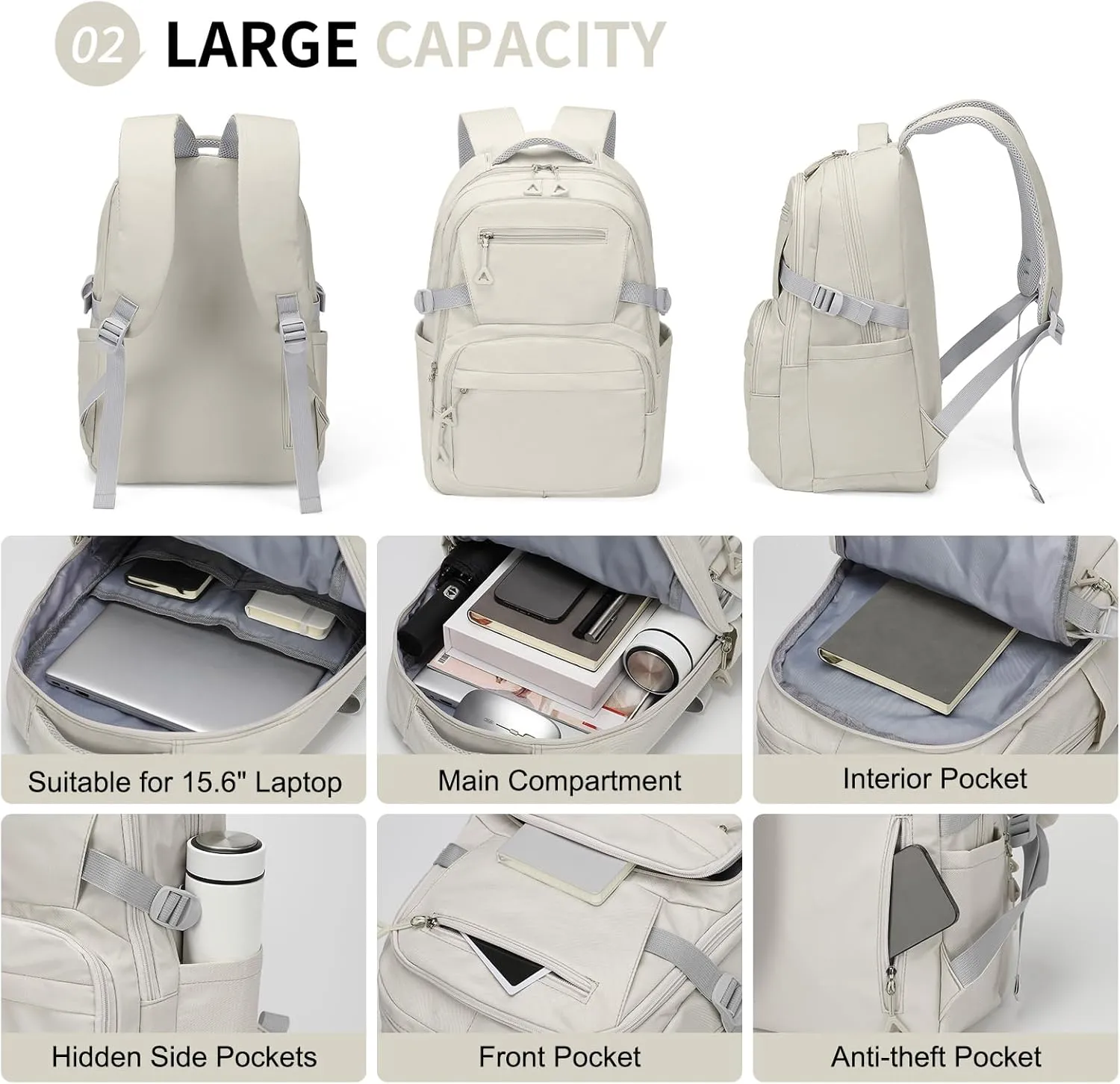 Girls Backpack, Lightweight Aesthetic Bookbag with Anti-Theft Pocket, Fit 15.6 Inch Laptop Backpack for College and Daily Use (Beige)