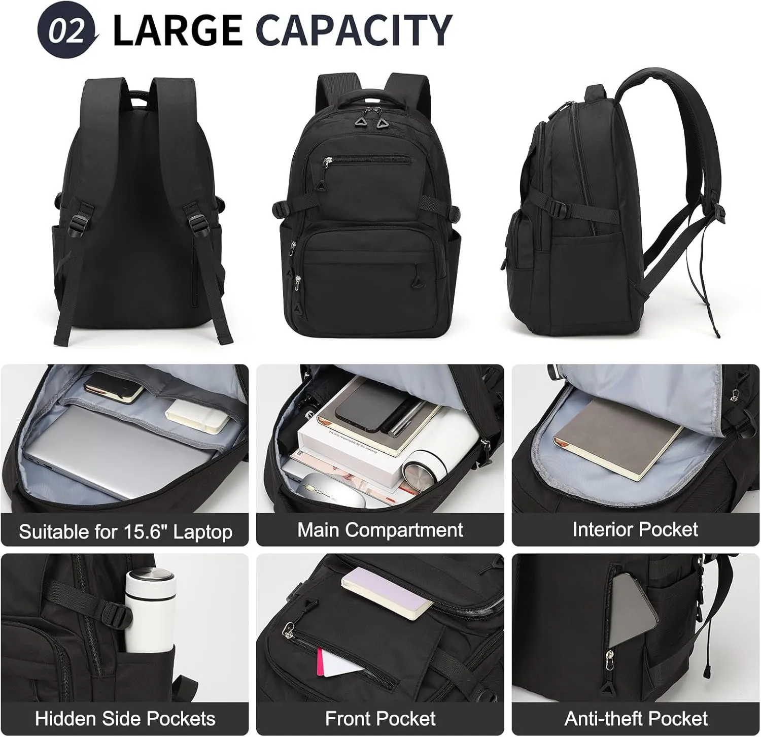 Girls Backpack, Lightweight Aesthetic Bookbag with Anti-Theft Pocket, Fit 15.6 Inch Laptop Backpack for College and Daily Use (Black)