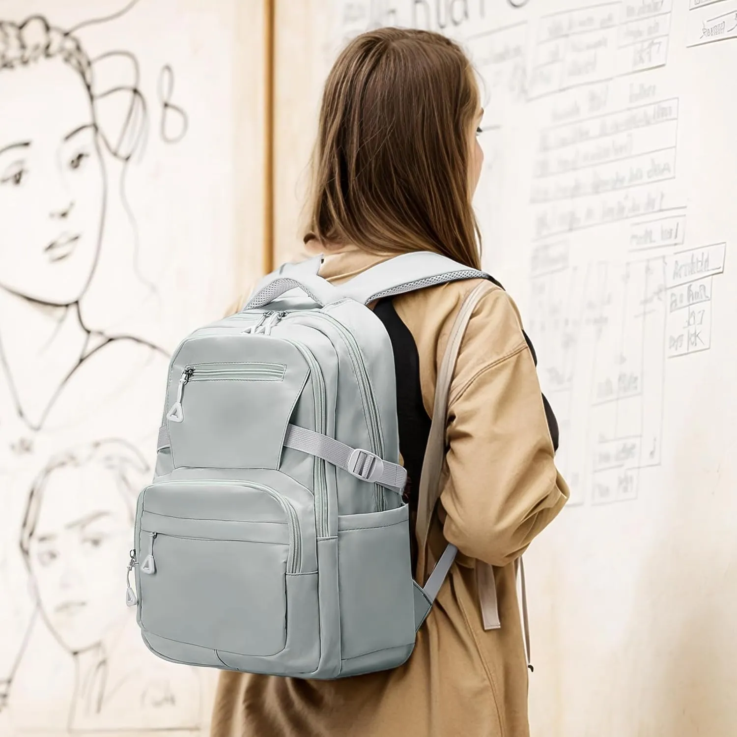 Girls Backpack, Lightweight Aesthetic Bookbag with Anti-Theft Pocket, Fit 15.6 Inch Laptop Backpack for College and Daily Use (Gray)