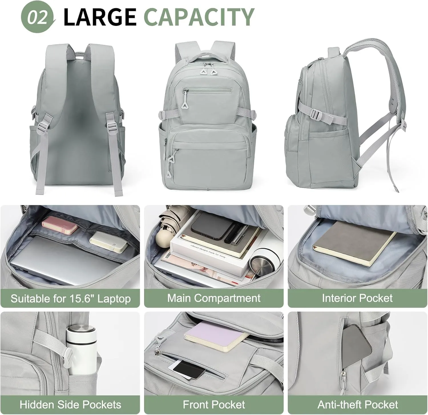 Girls Backpack, Lightweight Aesthetic Bookbag with Anti-Theft Pocket, Fit 15.6 Inch Laptop Backpack for College and Daily Use (Gray)