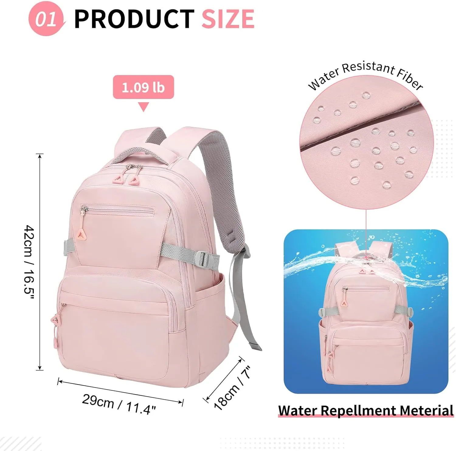 Girls Backpack, Lightweight Aesthetic Bookbag with Anti-Theft Pocket, Fit 15.6 Inch Laptop Backpack for College and Daily Use (Pink)