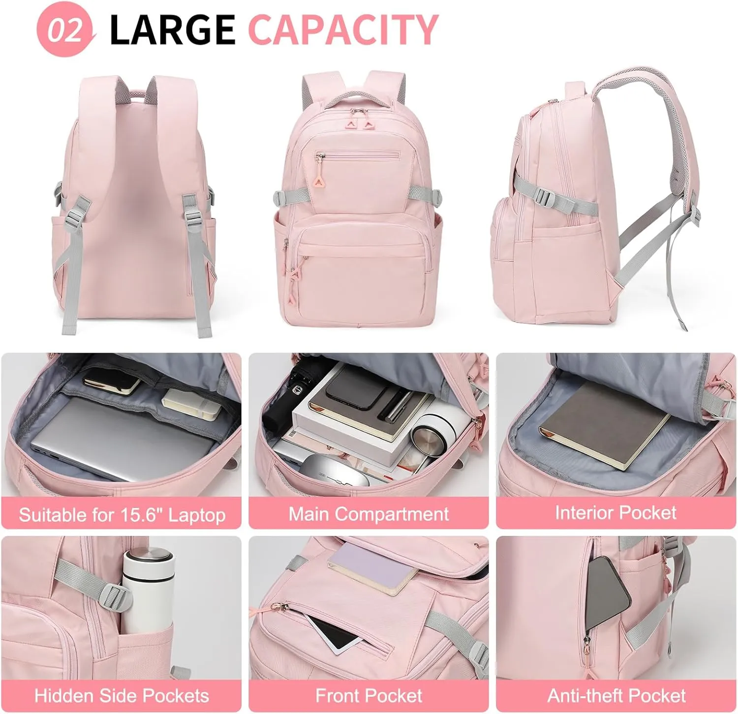 Girls Backpack, Lightweight Aesthetic Bookbag with Anti-Theft Pocket, Fit 15.6 Inch Laptop Backpack for College and Daily Use (Pink)