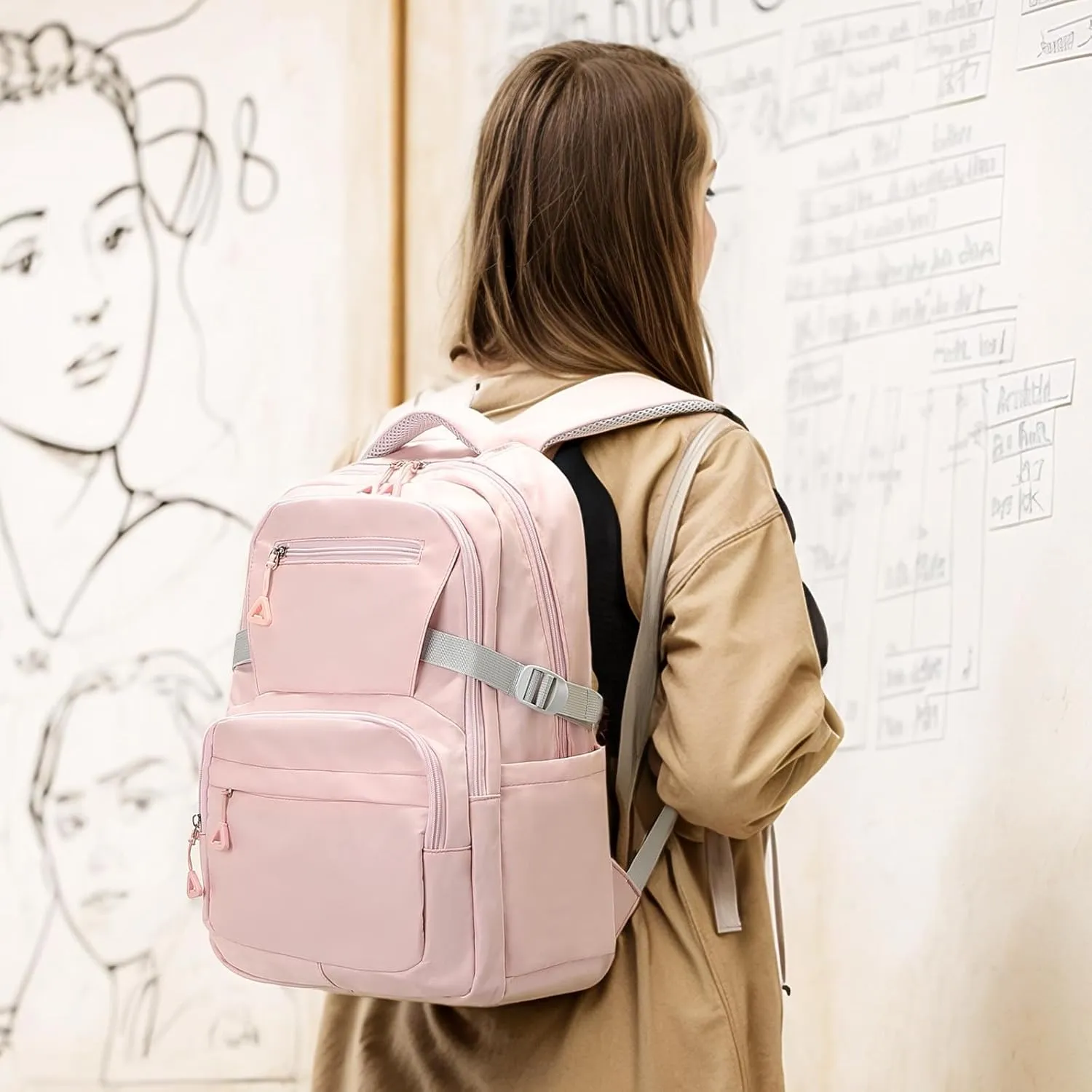 Girls Backpack, Lightweight Aesthetic Bookbag with Anti-Theft Pocket, Fit 15.6 Inch Laptop Backpack for College and Daily Use (Pink)