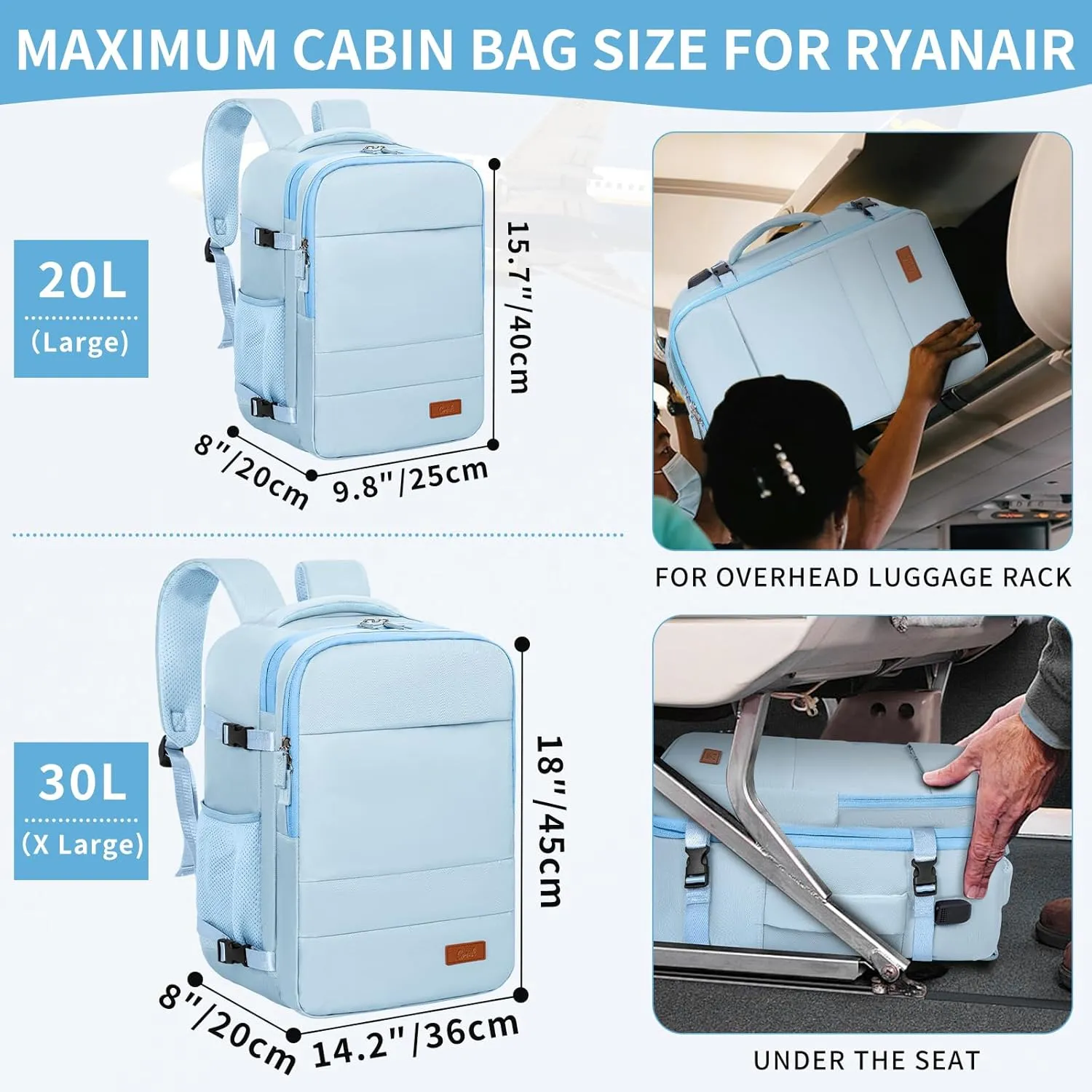 GMAK Travel Backpack for Men Women, Carry on Backpack with USB Charging Port, 15.6 inch Laptop Backpack Lightweight Cabin Bag Casual Daypack 20L Luggage Bags for College, Business, Travel, Light Blue