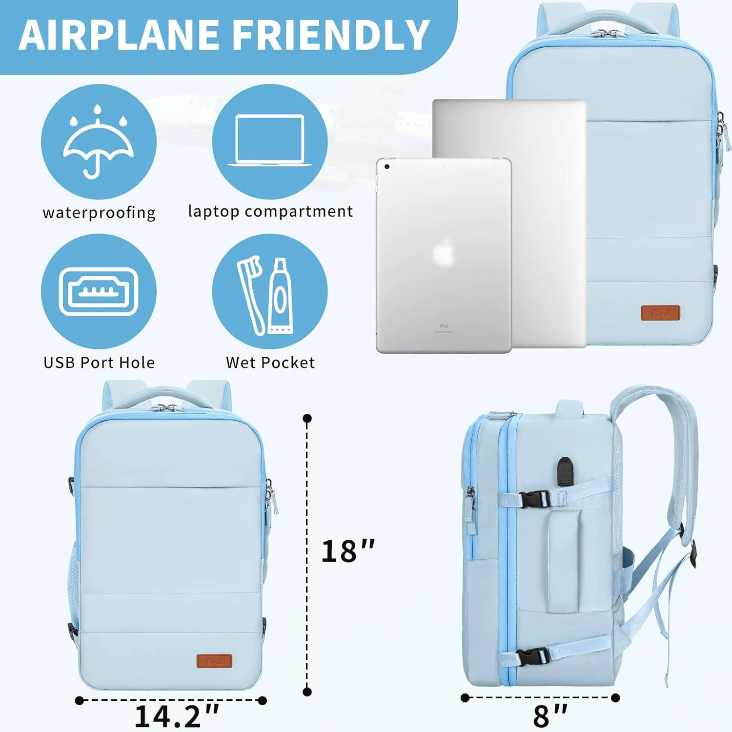 GMAK Travel Backpack for Men Women, Carry on Backpack with USB Charging Port, 15.6 inch Laptop Backpack Lightweight Cabin Bag Casual Daypack 30L Luggage Bags for College, Business, Travel, Light Blue