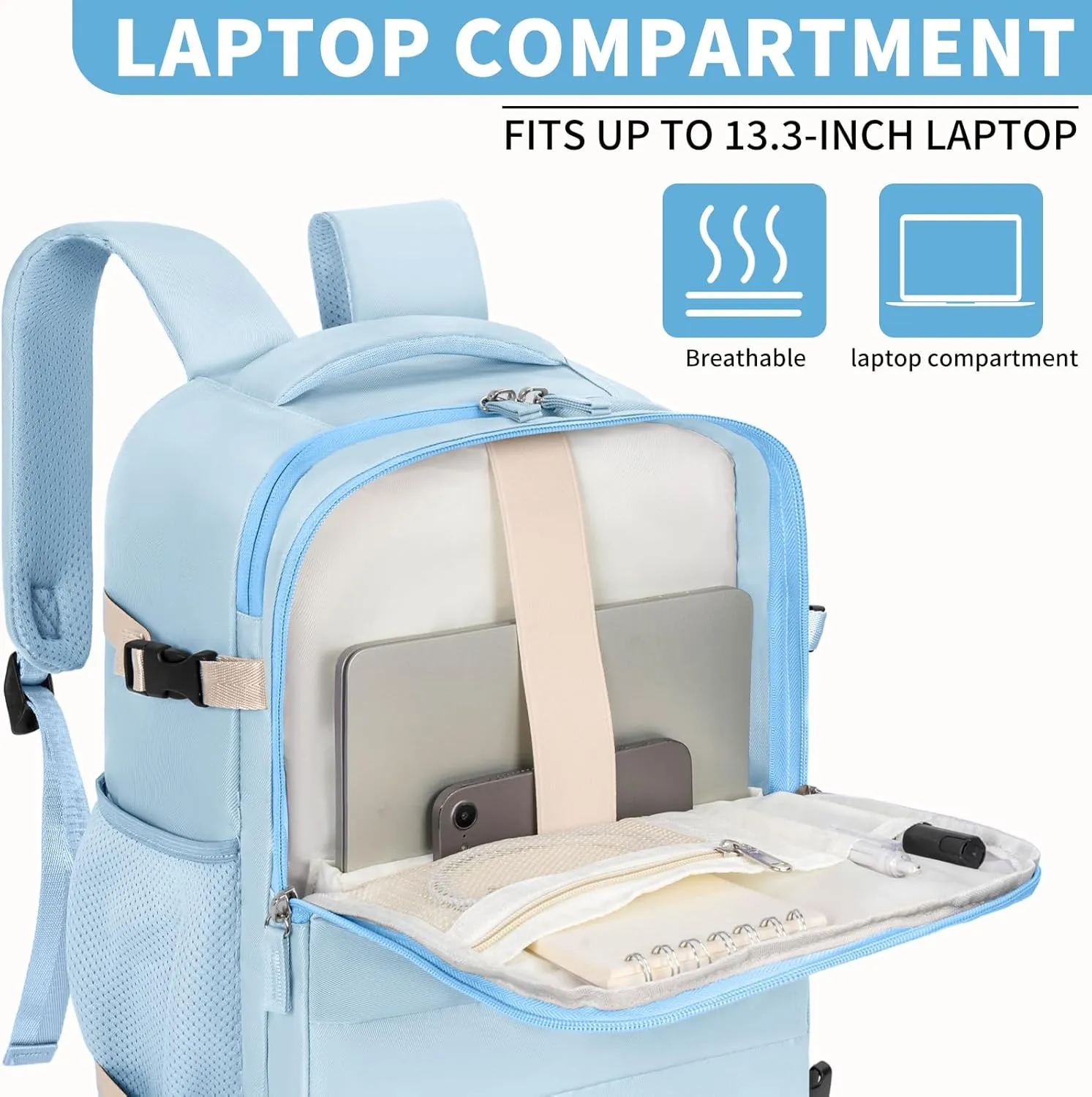 GMAK Travel Backpack for Men Women, Carry on Backpack with USB Charging Port, 15.6 inch Laptop Backpack Lightweight Cabin Bag Casual Daypack 30L Luggage Bags for College, Business, Travel, Light Blue