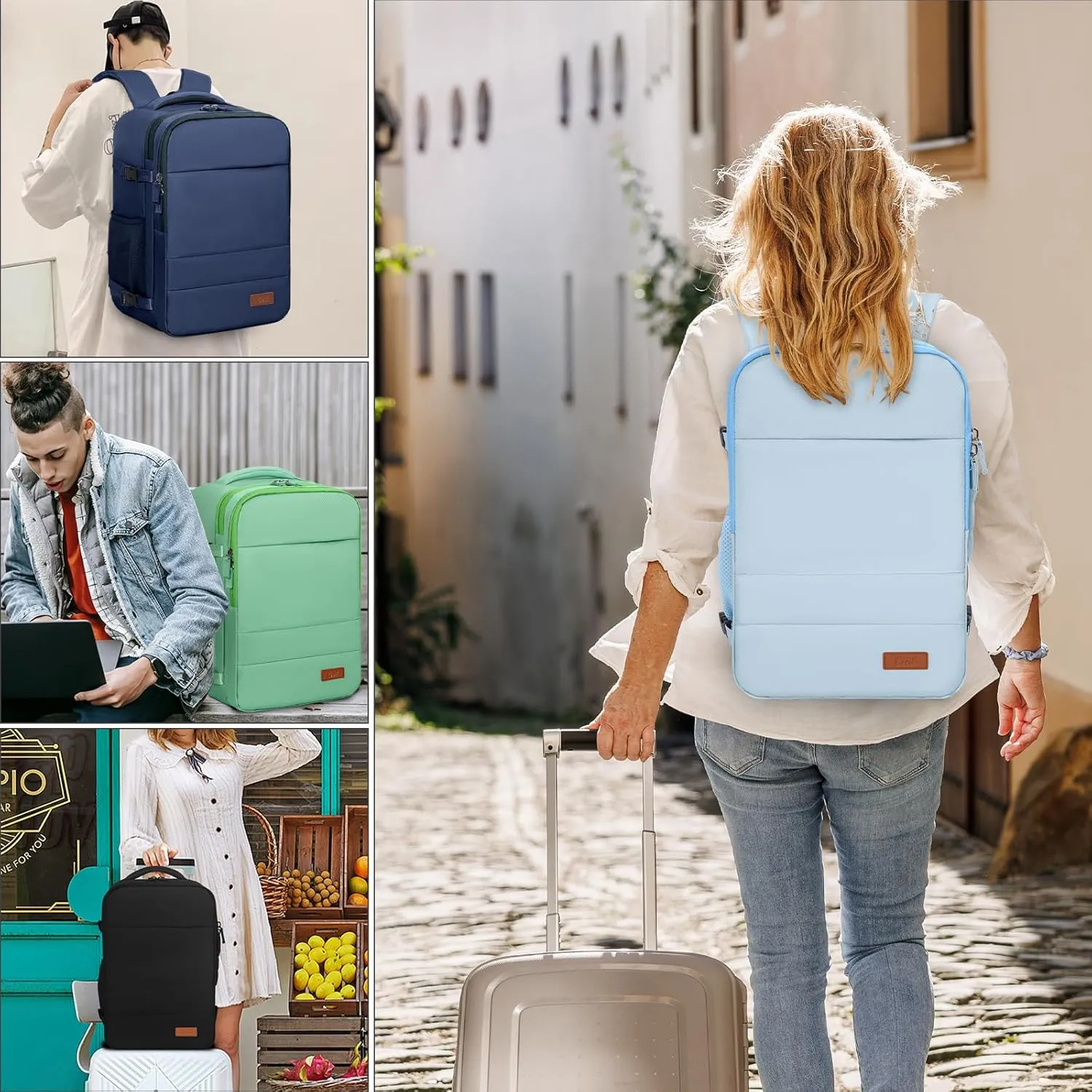 GMAK Travel Backpack for Men Women, Carry on Backpack with USB Charging Port, 15.6 inch Laptop Backpack Lightweight Cabin Bag Casual Daypack 30L Luggage Bags for College, Business, Travel, Light Blue