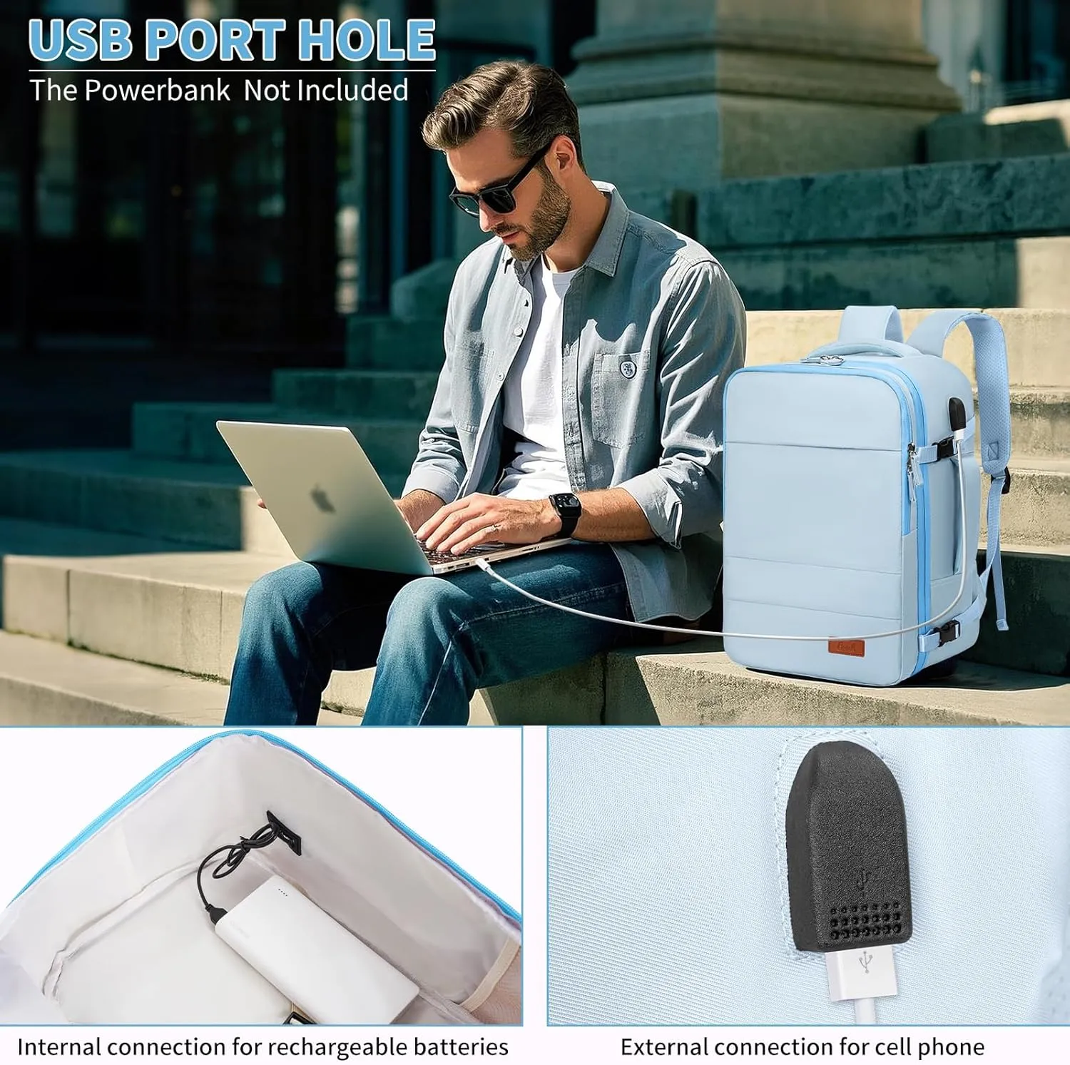 GMAK Travel Backpack for Men Women, Carry on Backpack with USB Charging Port, 15.6 inch Laptop Backpack Lightweight Cabin Bag Casual Daypack 30L Luggage Bags for College, Business, Travel, Light Blue