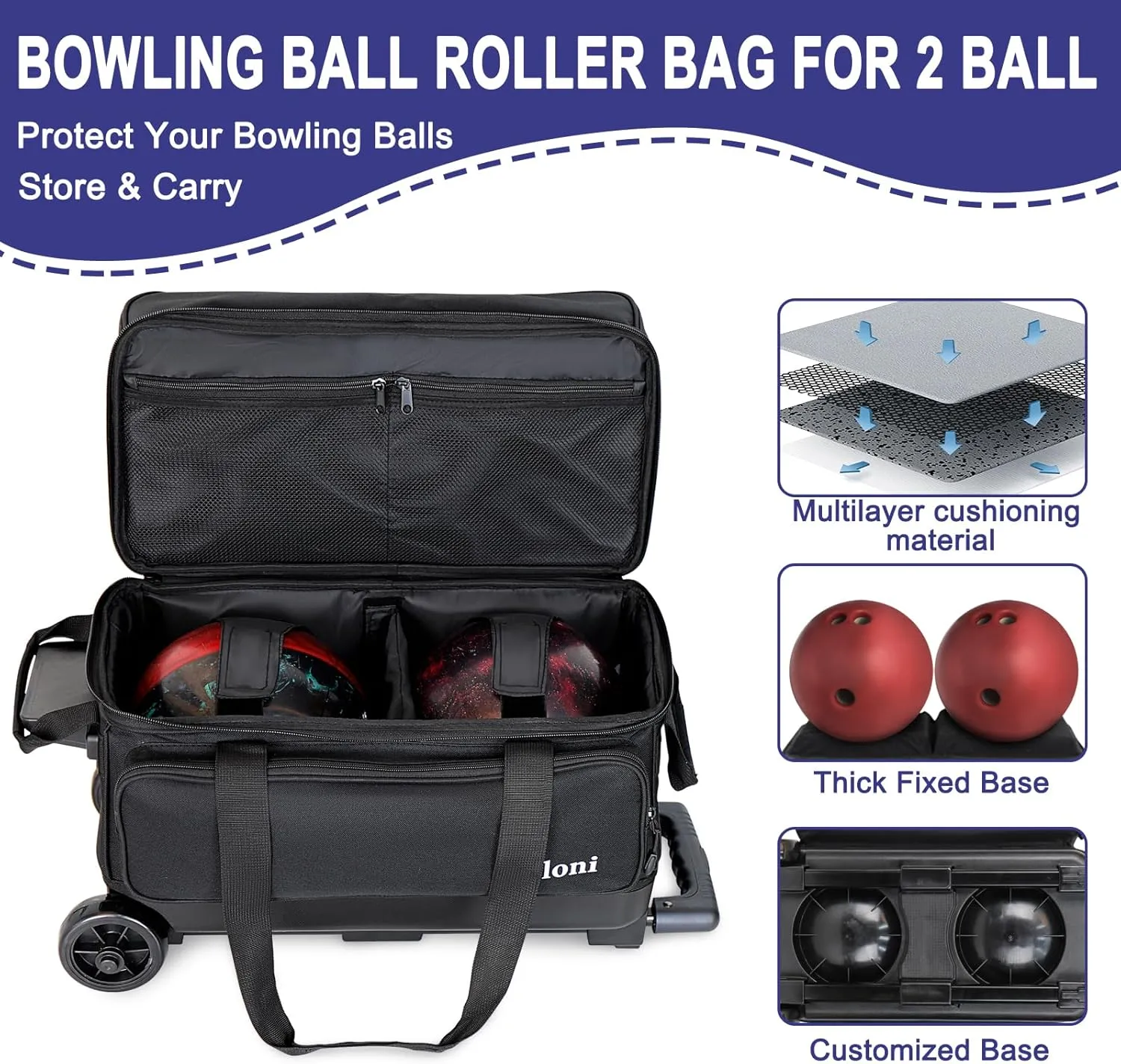 Goloni Double Roller 2 Ball Bowling Bag with Separate Shoe Compartment,2 Ball Bowling Bag with Wheels,Retractable Handle Extends to 40"