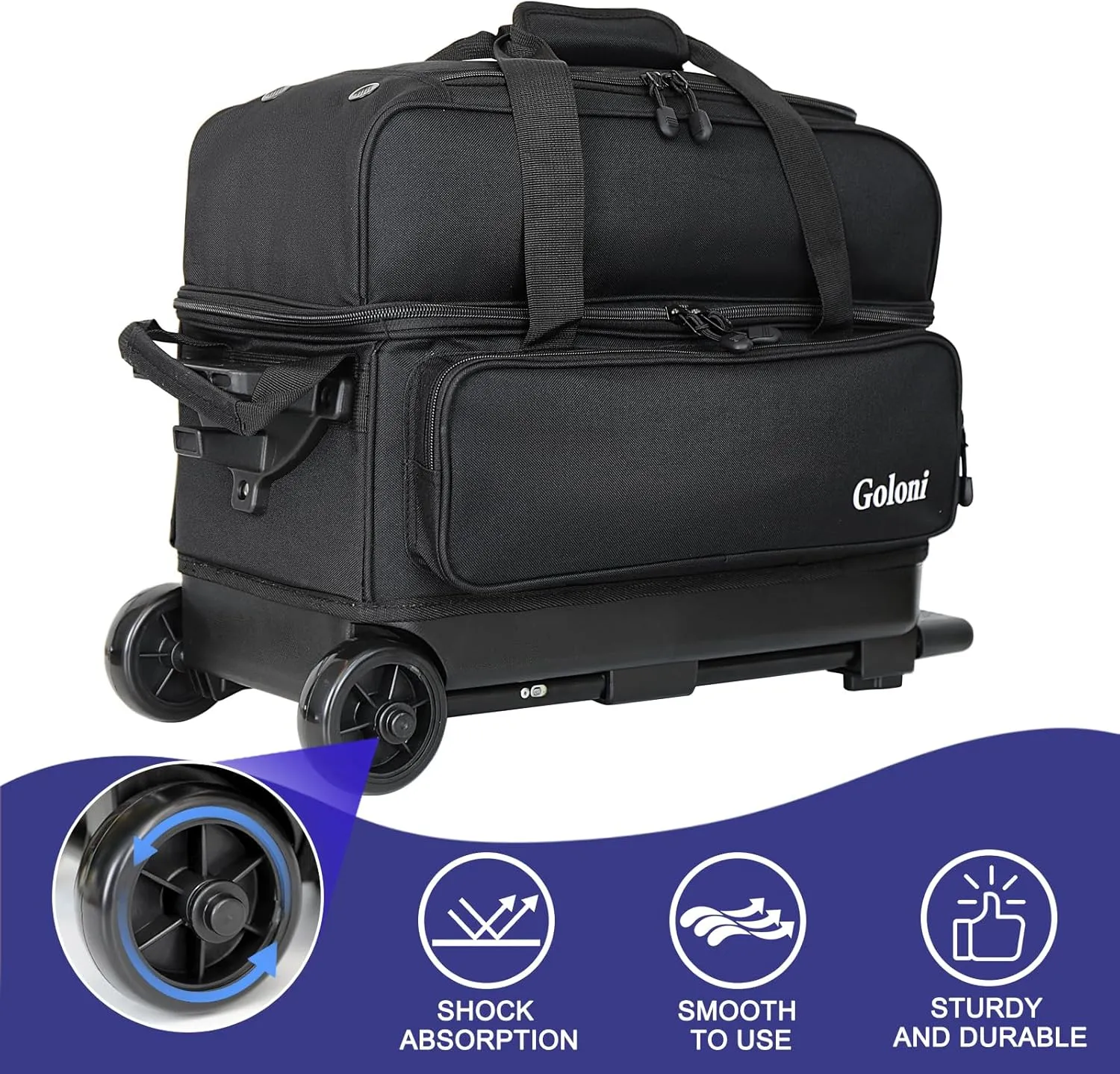 Goloni Double Roller 2 Ball Bowling Bag with Separate Shoe Compartment,2 Ball Bowling Bag with Wheels,Retractable Handle Extends to 40"